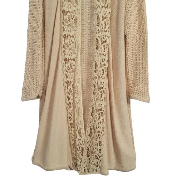 Chico's 2 Size L Cardigan Open Leslie Lace Front Long Jacket Cotton Blend Beige - Picture 8 of 10
